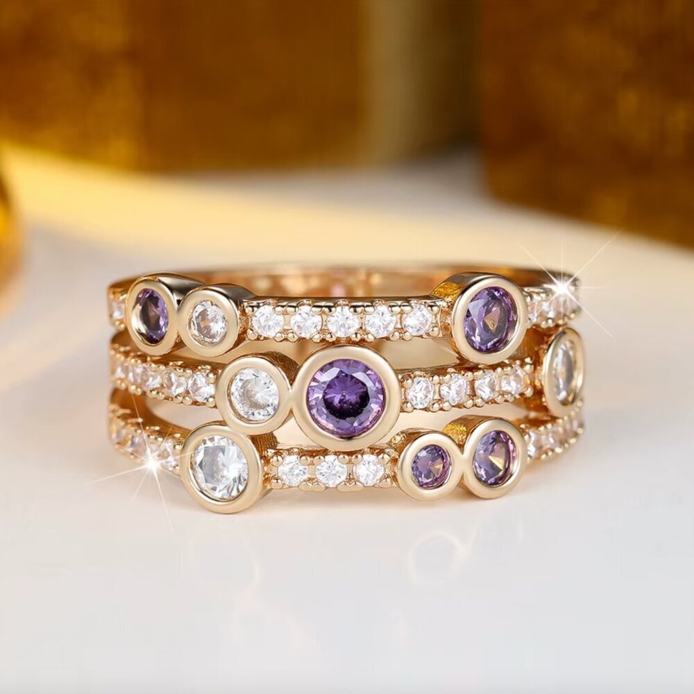 NEW 18k Yellow Gold Purple Amethyst Diamond Ring Band